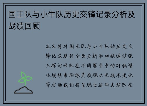 国王队与小牛队历史交锋记录分析及战绩回顾