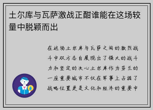 土尔库与瓦萨激战正酣谁能在这场较量中脱颖而出